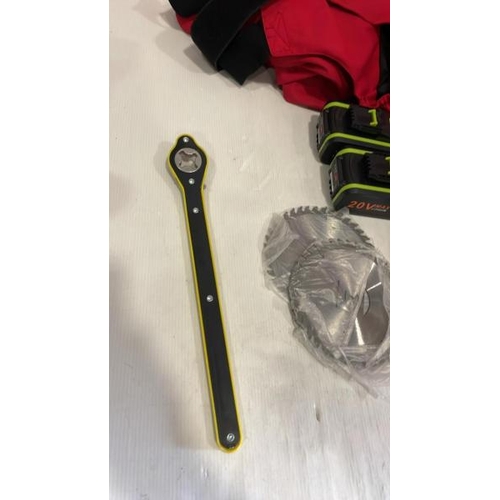 8284 - BAG TOOLS RELATED SUNDRIES INC. X2 NEW 20V MAX LITHIUM 5.0AH BATTERIES, OVERALLS, SAFETY HELMET ETC ... 