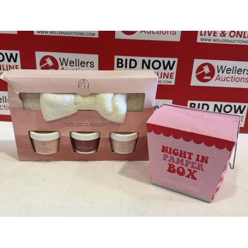 7074 - X2 NEW COSMETIC GIFT SETS INC. FACIAL GIFT SET, NIGHT IN PAMPER BOX
