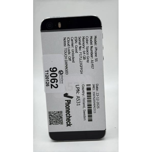 9062 - APPLE IPHONE 5S / A531 / 64GB / IMEI: 358762054042315 / I-CLOUD UNLOCKED