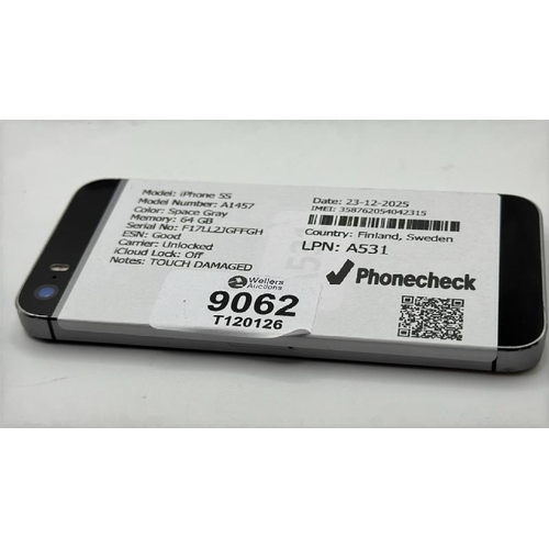 9062 - APPLE IPHONE 5S / A531 / 64GB / IMEI: 358762054042315 / I-CLOUD UNLOCKED