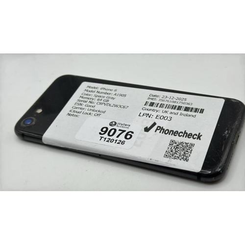 9076 - APPLE IPHONE 8 / A1905 / 64GB / IMEI: 356761081750363 / I-CLOUD UNLOCKED