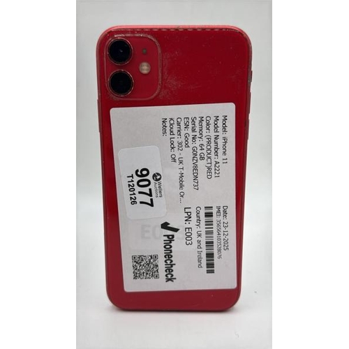 9077 - APPLE IPHONE 11 / 64GB / A2221 / IMEI: 356564103528076 / I-CLOUD UNLOCKED