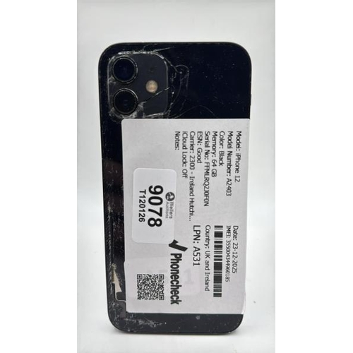 9078 - APPLE IPHONE 12 / A2403 / 64GB / IMEI: 355004344960185 / I-CLOUD UNLOCKED