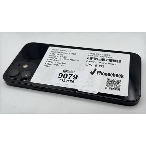 9079 - APPLE IPHONE 12 / A2403 / 64GB / IMEI: 353036119168141 / I-CLOUD UNLOCKED