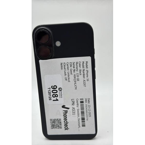 9081 - APPLE IPHONE 16 / 128GB / A3287 / IMEI: 350343681655734 / I-CLOUD UNLOCKED
