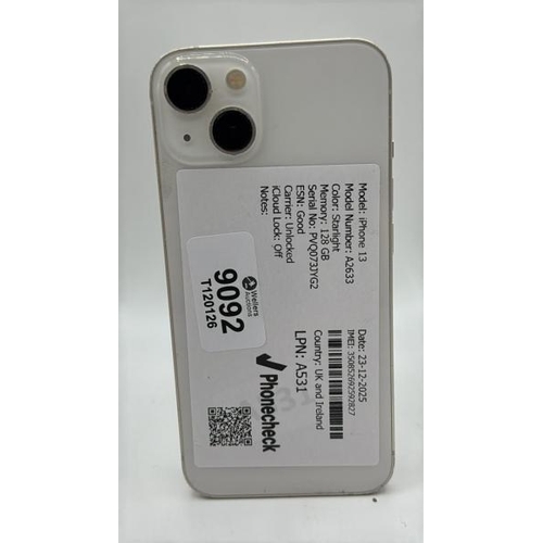 9092 - APPLE IPHONE 13 / A2633 / 128GB / IMEI: 350852692592827 / I-CLOUD UNLOCKED
