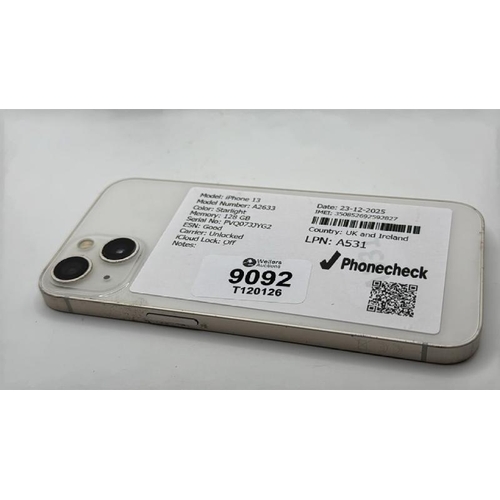 9092 - APPLE IPHONE 13 / A2633 / 128GB / IMEI: 350852692592827 / I-CLOUD UNLOCKED