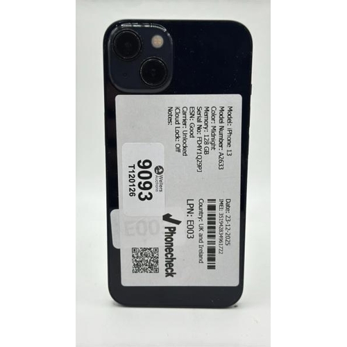 9093 - APPLE IPHONE 13 / A2633 / 128GB / IMEI: 351942834961722 / I-CLOUD UNLOCKED