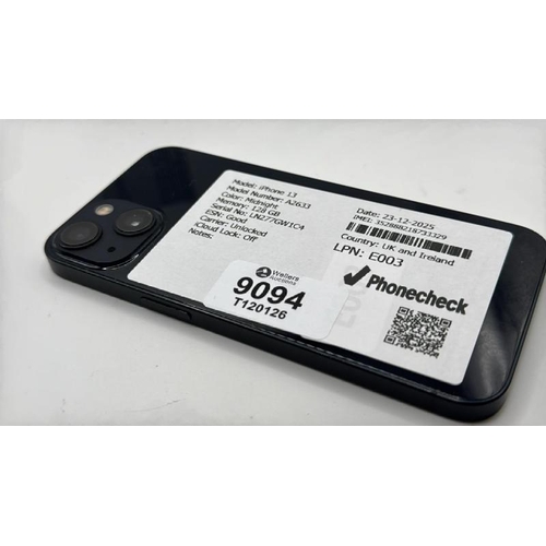 9094 - APPLE IPHONE 13 / A2633 / 128GB / IMEI: 352888218733329 / I-CLOUD UNLOCKED