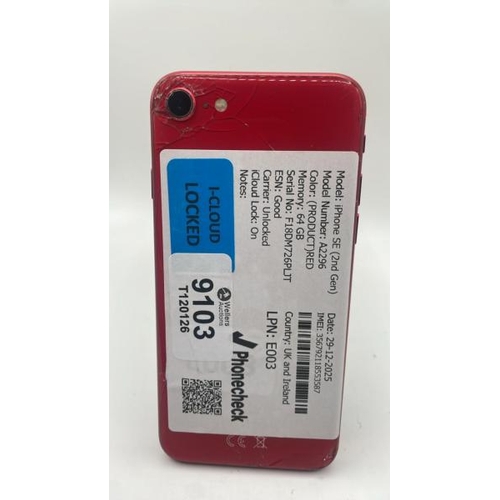 9103 - APPLE IPHONE SE (2ND GEN) / A2296 / 64GB / IMEI: 356792118553587 / I-CLOUD LOCKED