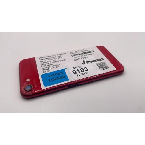 9103 - APPLE IPHONE SE (2ND GEN) / A2296 / 64GB / IMEI: 356792118553587 / I-CLOUD LOCKED