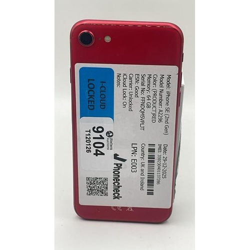 9104 - APPLE IPHONE SE (2ND GEN) / A2296 / 64GB / IMEI: 359230401137286 / I-CLOUD LOCKED