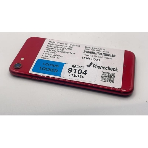 9104 - APPLE IPHONE SE (2ND GEN) / A2296 / 64GB / IMEI: 359230401137286 / I-CLOUD LOCKED