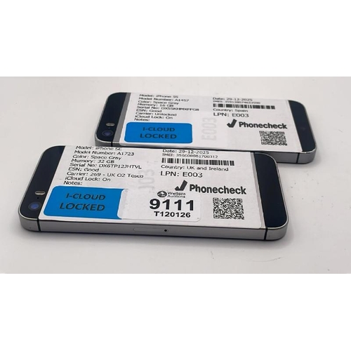 9111 - X2 APPLE IPHONES: IPHONE 5S / A1457 / 16GB / IMEI: 359138074633590 & IPHONE SE / A1723 / 32GB / IMEI... 