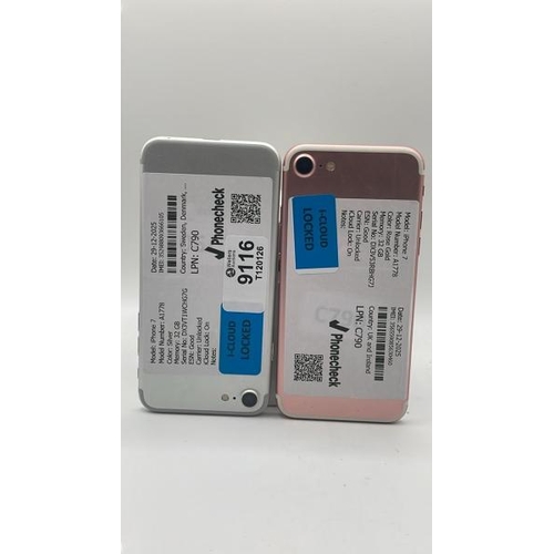 9116 - X2 APPLE IPHONES: IPHONE 7 / A1778 / 32GB / IMEI: 356559085630460 & IMEI: 352988093666105 / I-CLOUD ... 