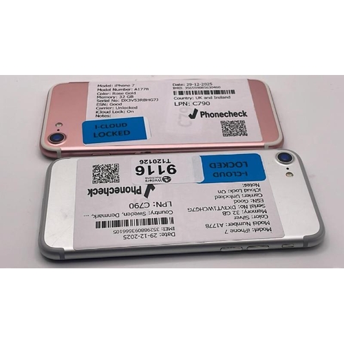 9116 - X2 APPLE IPHONES: IPHONE 7 / A1778 / 32GB / IMEI: 356559085630460 & IMEI: 352988093666105 / I-CLOUD ... 