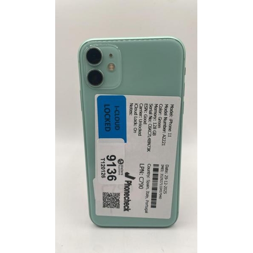9136 - APPLE IPHONE 11 / A2221 / 128GB / IMEI: 352927110457940 / I-CLOUD LOCKED
