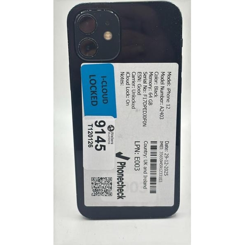 9145 - APPLE IPHONE 12 / A2403 / 64GB / IMEI: 356594591233103 / I-CLOUD LOCKED