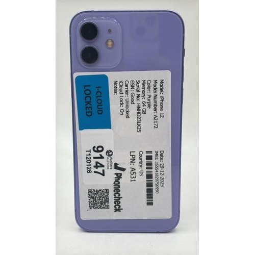 9147 - APPLE IPHONE 12 / A2172 / 64GB / IMEI: 355541829756950 / I-CLOUD LOCKED