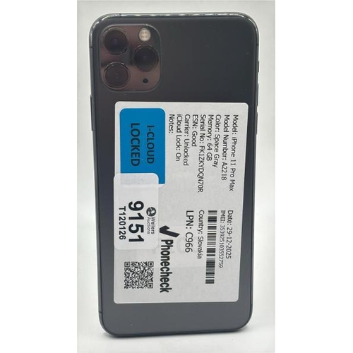 9151 - APPLE IPHONE 12 PRO MAX / A2218 / 64GB / IMEI: 353925103552759 / I-CLOUD LOCKED