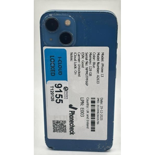 9155 - APPLE IPHONE 13 / A2633 / 128GB / IMEI: 351044636026786 / I-CLOUD LOCKED