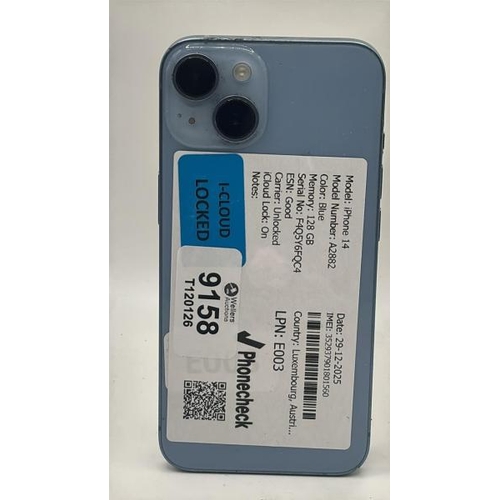 9158 - APPLE IPHONE 14 / A2882 / 128GB / IMEI: 352937901801560 / I-CLOUD LOCKED