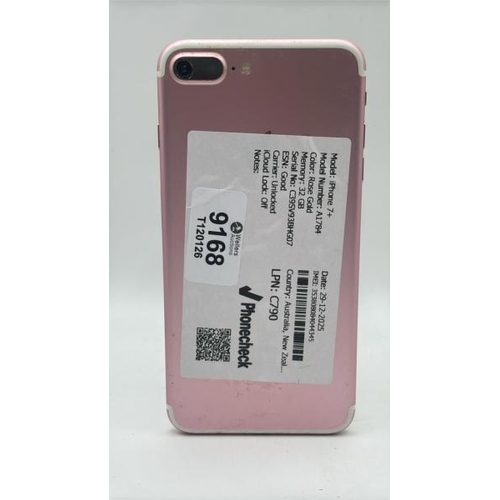9168 - APPLE IPHONE 7 PLUS / A1784 / 32GB / IMEI: 353808084044345 / I-CLOUD UNLOCKED