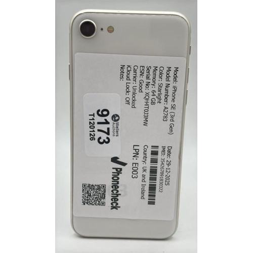 9173 - APPLE IPHONE SE (3RD GEN) / A2783 / 64GB / IMEI: 354267891830322 / I-CLOUD UNLOCKED