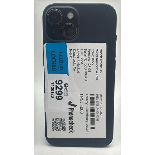 9299 - APPLE IPHONE 15 / A3090 / 128GB / IMEI: 359817432897548 / I-CLOUD LOCKED