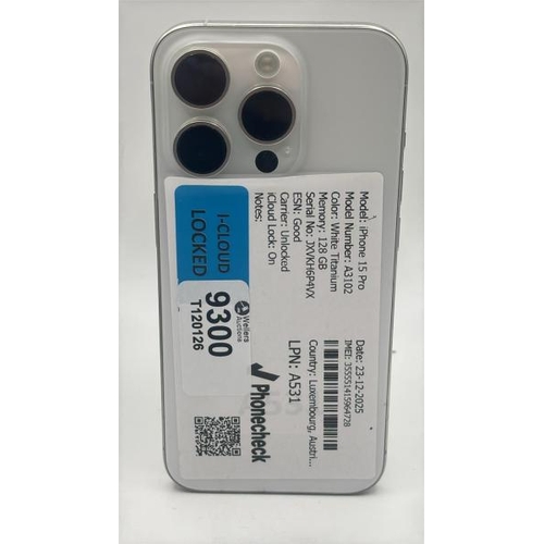 9300 - APPLE IPHONE 15 PRO / A3102 / 128GB / IMEI: 355551415964728 / I-CLOUD LOCKED