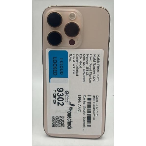 9302 - APPLE IPHONE 16 PRO / A3293 / 256 GB / IMEI: 357054880155557 / I-CLOUD LOCKED