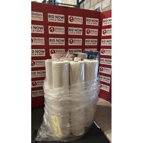 8281 - MIXED BAG OF ROLLS OF WALL PAPER , GENERAL PAPER, CLEAR ETC