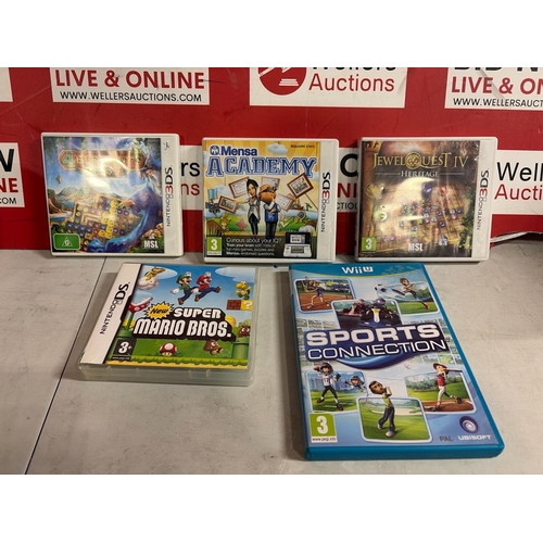 8074 - NINTENDO 3DS, DS, AND WII GAMES INC. MENSA ACADEMY, SUPER MARIO BROS, WII SPORTS CONNECTION ETC
