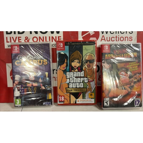 8076 - X3 NEW AND SEALED NINTENDO SWITCH GAMES INC. TWO POINT CAMPUS, GRAND THEFT AUTO TRILOGY AND WORMS AR... 