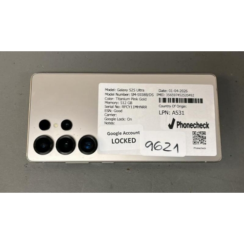 9621 - SAMSUNG GALAXY S25 ULTRA/ SM-S938B/DS/ TITANIUM PINK GOLD/ 512GB/ GOOGLE LOCKED/ IMEI: 3565974525204... 