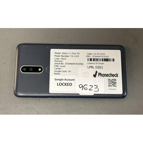 9623 - NOKIA 3.1 PLUS DS/ TA-1104/ BLACK/ GOOGLE LOCKED/ IMEI: 355846093930482- SCREEN DAMAGED