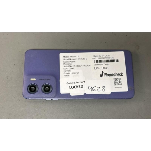 9628 - MOTOROLA E15/ XT2523-6/ PURPLE/ GOOGLE LOCKED/ IMEI; 354802741960430 - SCREEN DAMAGED