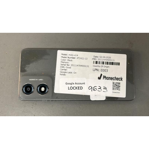 9633 - MOTOROLA MOTO E14/ XT2421-13/ BLACK/ GOOGLE LOCKED/ IMEI: 351114704955131- SCREEN DAMAGED