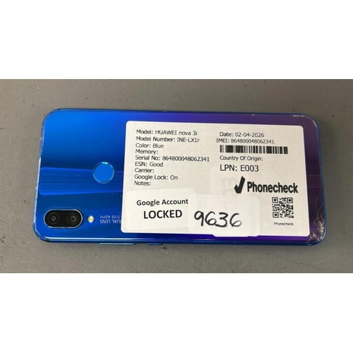 9636 - HUAWEI NOVA 3I/ INE-LX1R/ BLUE/ GOOGLE LOCKED/ IMEI: 864800062341 - SCREEN & BACK SLIGHT DAMAGED