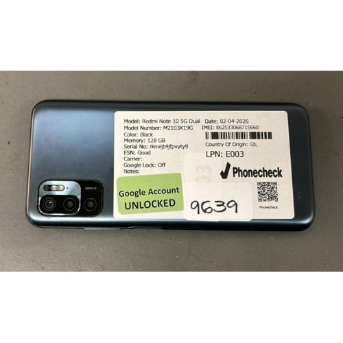 9639 - REDMI NOTE 10 5G DUAL/ M2103K19K/ BLACK/ 128GB/ GOOGLE UNLOCKED/ IMEI: 862533068715660