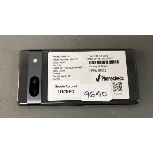 9640 - GOOGLE PIXEL 7A/ GHL1X/ BLACK/ GOOGLE LOCKED/IMEI: 354487209147587