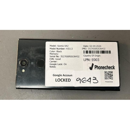 9643 - SONY XPERIA XA2/ BLACK/ GOOGLE LOCKED/ IMEI: 352765092636432