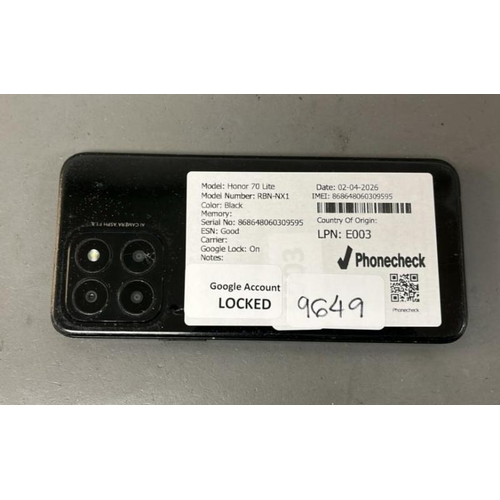 9649 - HONOR 70 LITE/ RBN-NX1/ BLACK/ GOOGLE LOCKED/ IMEI: 868648060309595 - SCREEN & DISPLAY DAMAGED