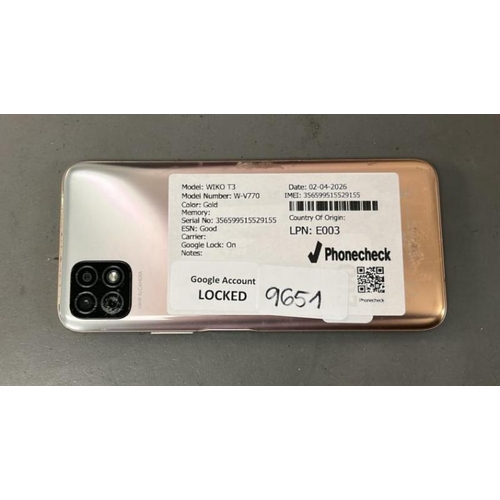 9651 - PHONE WIKO T3/ W-V770/ GOLD/ GOOGLE LOCKED/ IMEI: 356599515529155 - SCREEN & DISPLAY DAMAGED