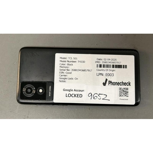 9652 - PHONE TCL 501/ T433D/ BLACK/ GOOGLE LOCKED/ IMEI: 358819436857917