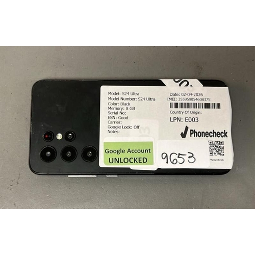 9653 - PHONE S24 ULTRA/ S24 ULTRA/ BLACK/ 8GB/ GOOGLE UNLOCKED/ IMEI: 355959054608375 - SCREEN DAMAGED