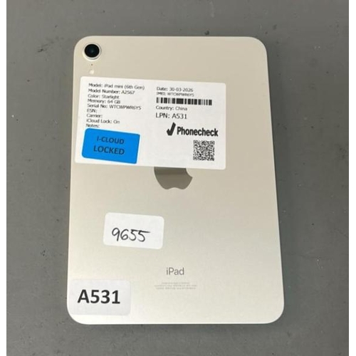 9655 - APPLE IPAD MINI (6TH GEN)/ A2567/ STARLIGHT/ 64GB/ I-CLOUD LOCKED/ IMEI:WTCWPWR6Y5