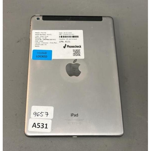 9657 - APPLE IPAD AIR / A1475/ SPACE GRAY/ 16GB/ I-CLOUD LOCKED/ IMEI: 358846053651083