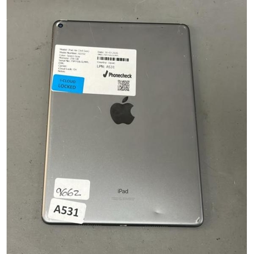 9662 - APPLE IPAD AIR (3RD)/ A2152/ SPACE GRAY/ 256GB/ I-CLOUD LOCKED/ IMEI: F9FY50LGLMPL