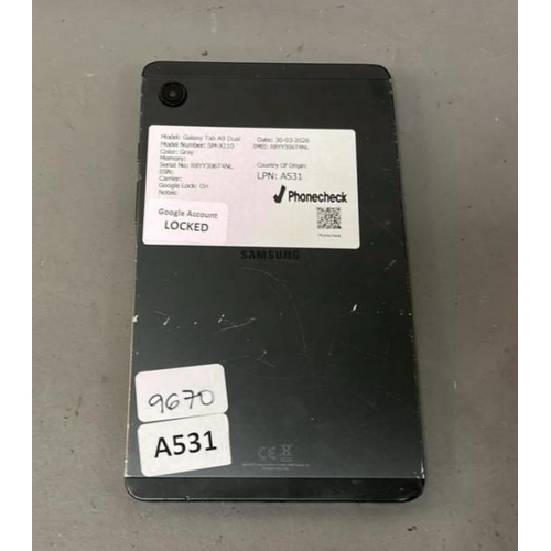 9670 - SAMSUNG GALAXY TAB A9 DUAL/ SM-X110/ GRAY/ GOOGLE LOCKED/ IMEI: R8YY306T4NL - SCREEN DAMAGED